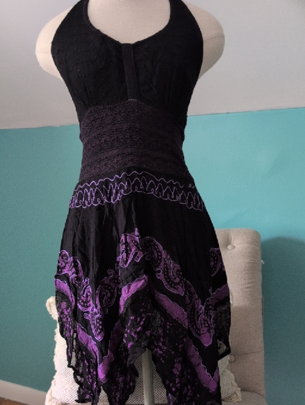 Black Halter Mini Dress with Purple Paisley Accent